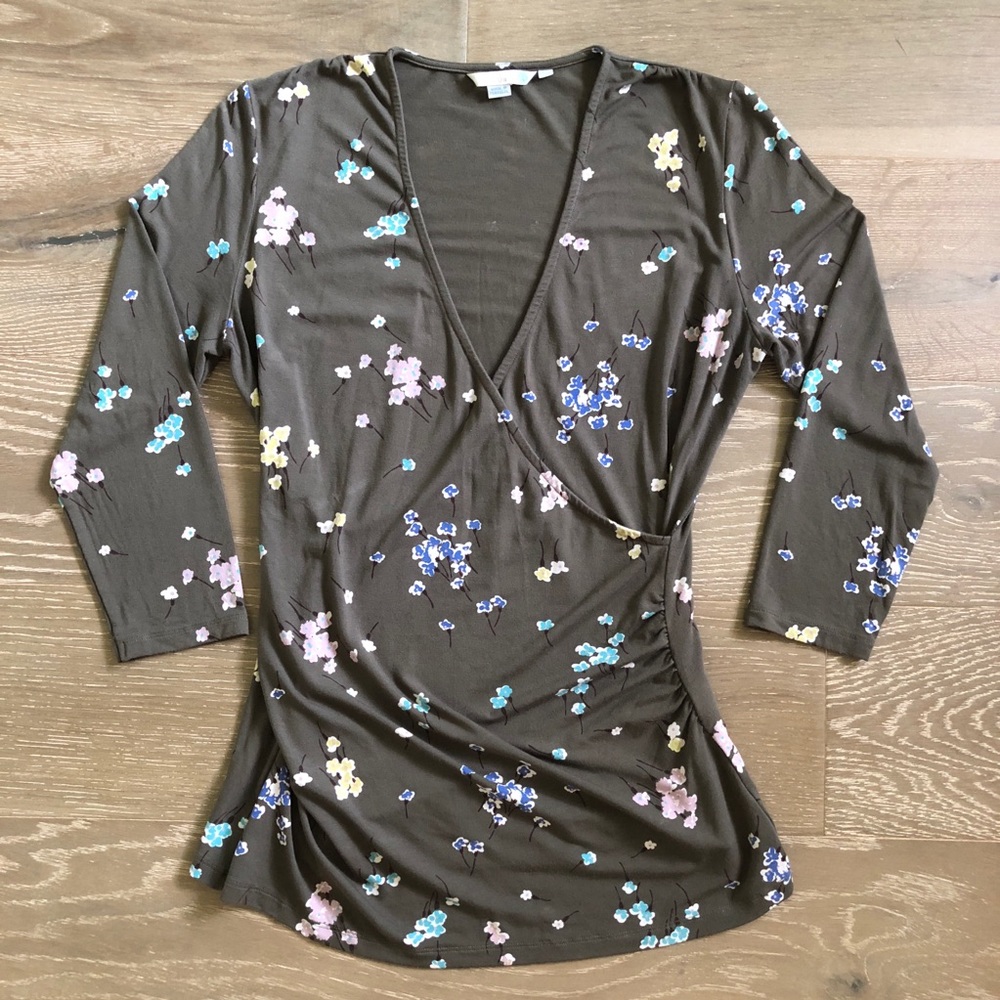 Boden Floral Faux Wrap Top Sz 10p Olive Green